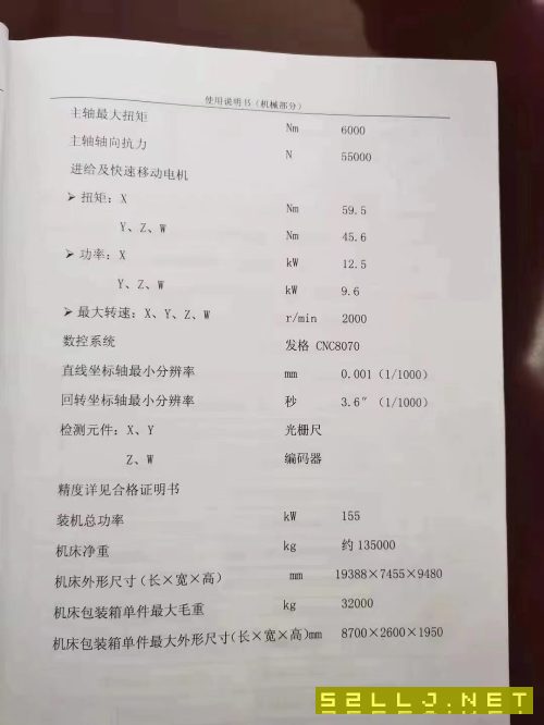 在位出售：9成新，数控落地镗铣床：昆机TJK6920A一SM