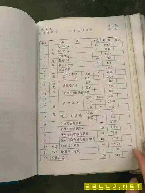 合肥锻压2000吨滑块行程:1500mm开口高度:2050mm工作台.