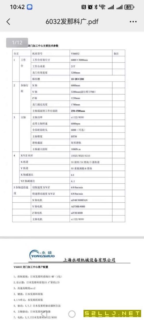 上海永硕6032龙门加工中心发那科系统MFPLUSa法驱动BT5.
