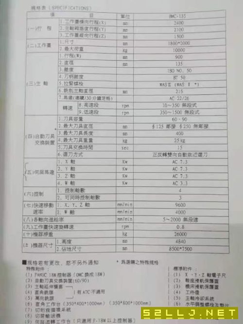 台湾远东数控镗铣床BMC-135,远东130,BT50主轴带齿轮.
